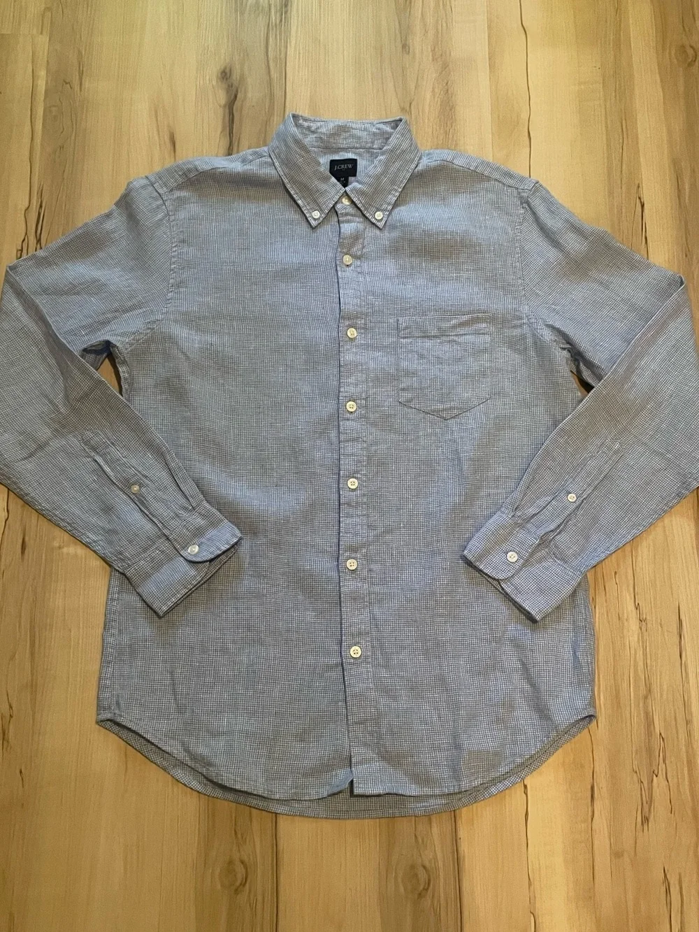 J. Crew Linen Blend Button Down Shirt Men's Size Medium Blue Houndstooth